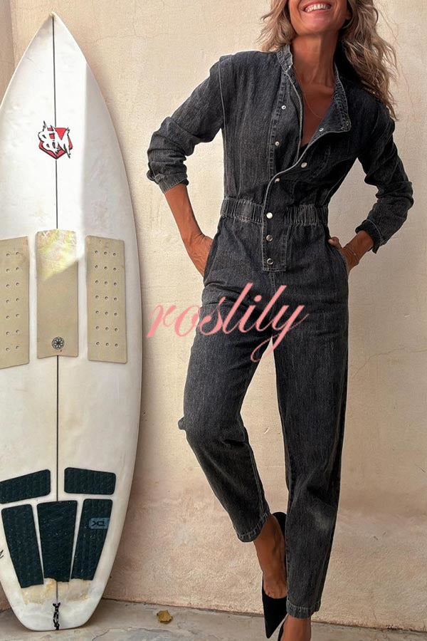 Carey Denim Button Up Long Sleeve Elastic Waist Pocketed Loose Jumpsuit