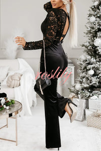 Sonya Lace Velvet Patchwork Long Sleeve Belted Flare Stretch Jumpsuit