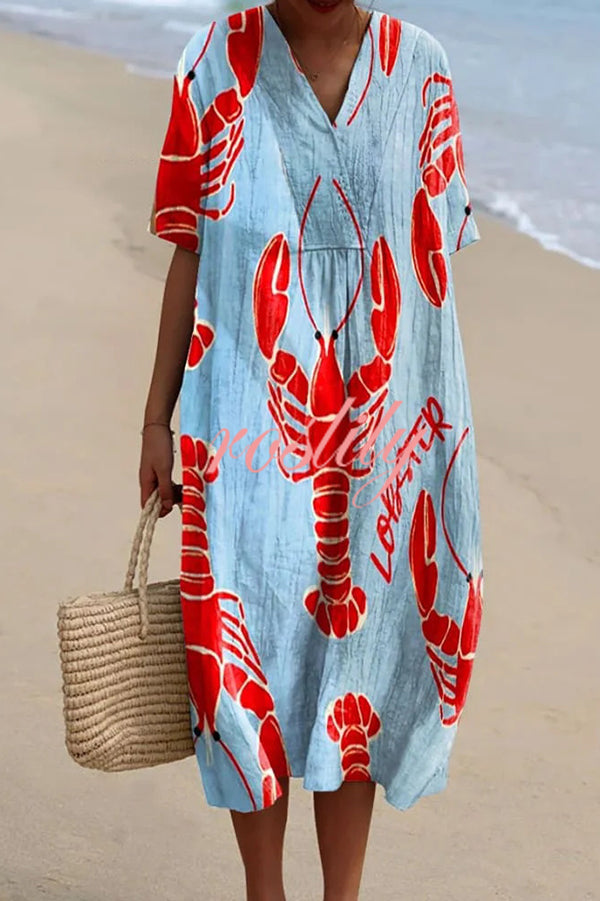 Unique Marine Print V-neck Short-sleeved Midi Dress