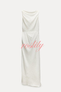 Sculptural Effect Linen Blend Twisted Shoulder Strap Drape Maxi Dress