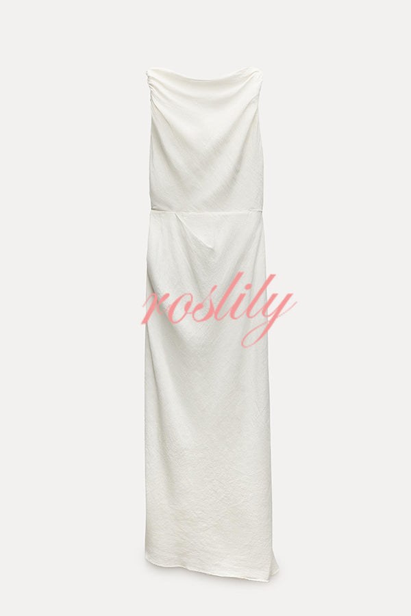 Sculptural Effect Linen Blend Twisted Shoulder Strap Drape Maxi Dress