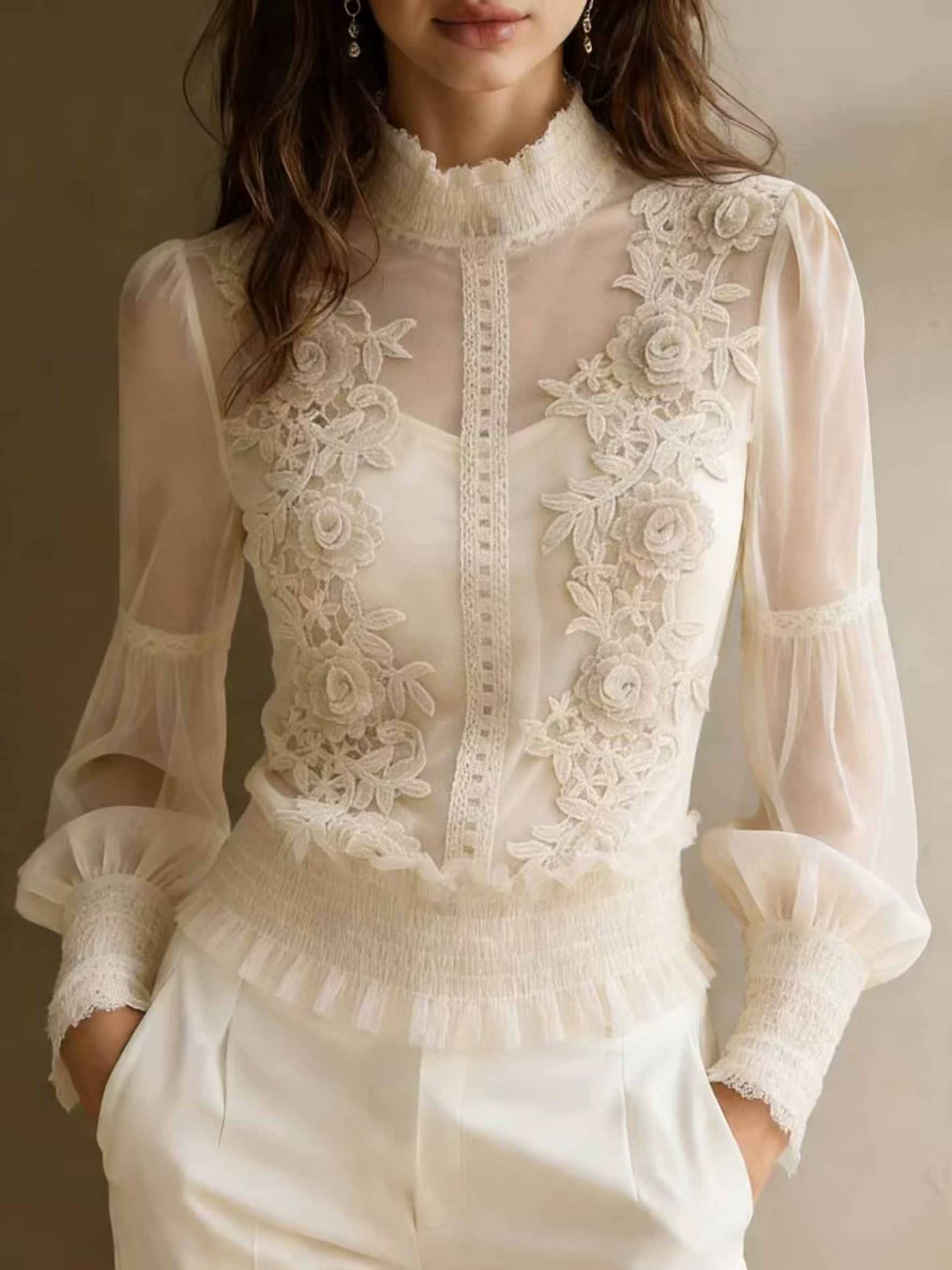 Lace High-Neck Sheer Blouse