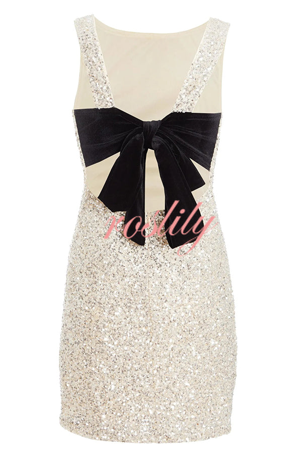 Party Time Starts Sequin Back Velevt Bow Detail Stretch Mini Dress