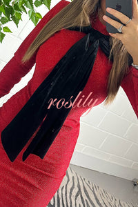 Fashion Sequin Long Sleeve Black Velvet Bow Mini Dress