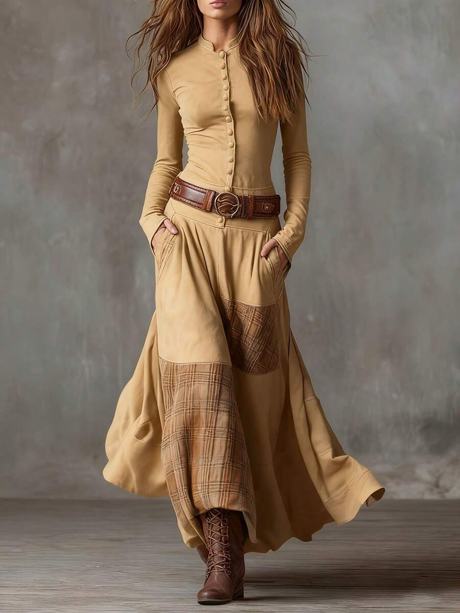 Vintage Boho Button-Up Patchwork Maxi Dress