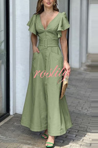 Solid Ruffle Sleeve V Neck High Waist Pocket Maxi Dress