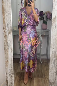 Satin Floral Print V-neck Half-sleeve Loose Top and Elegant Maxi Skirt Set