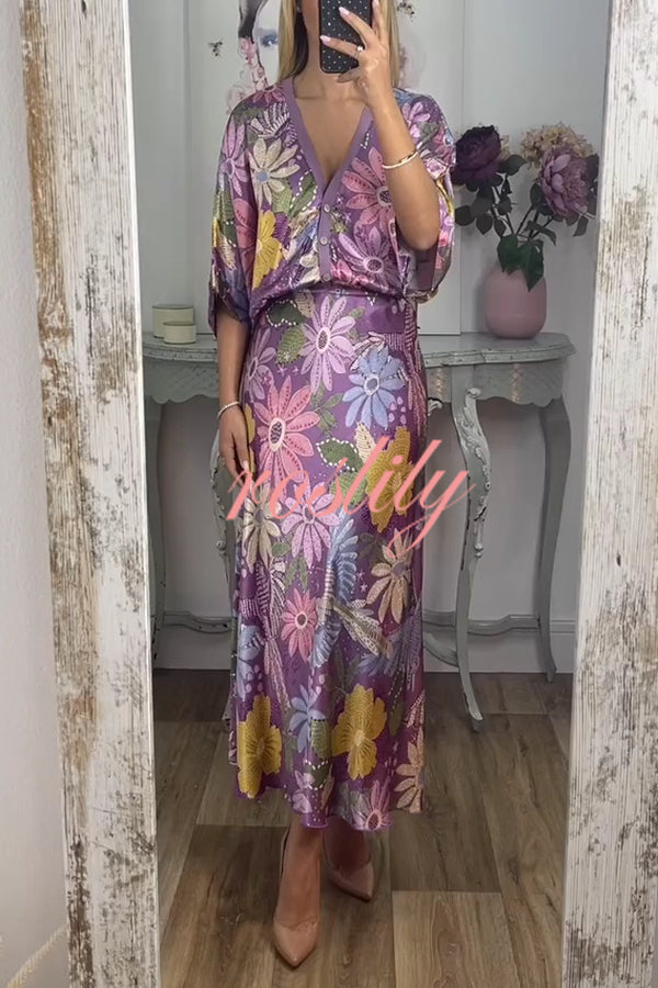 Satin Floral Print V-neck Half-sleeve Loose Top and Elegant Maxi Skirt Set