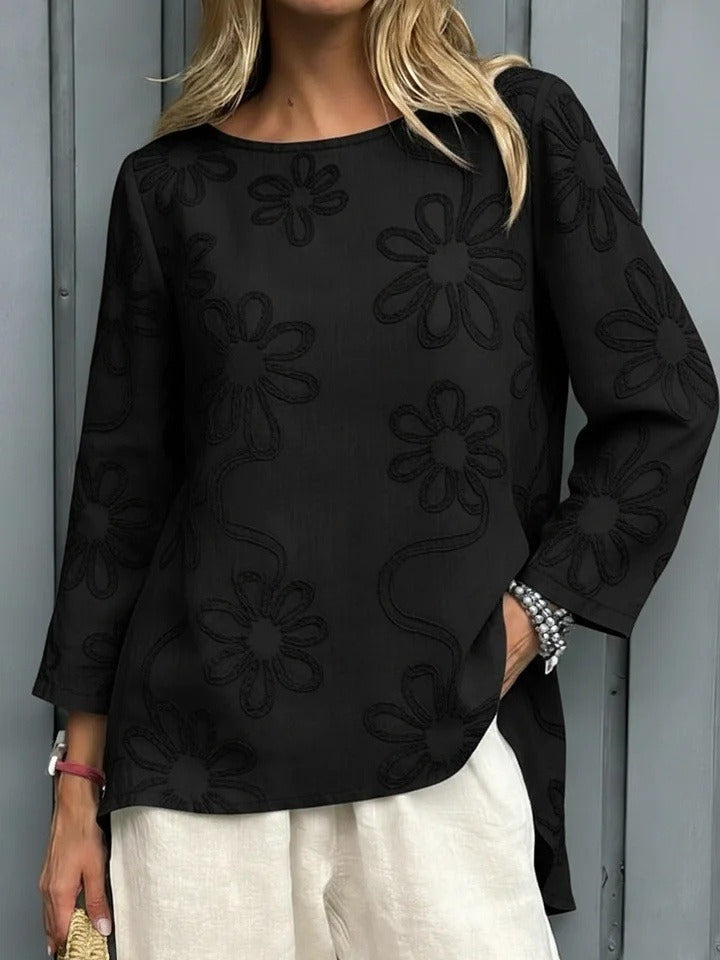Floral Embroidered Loose-fitting Cotton Shirt Blouse
