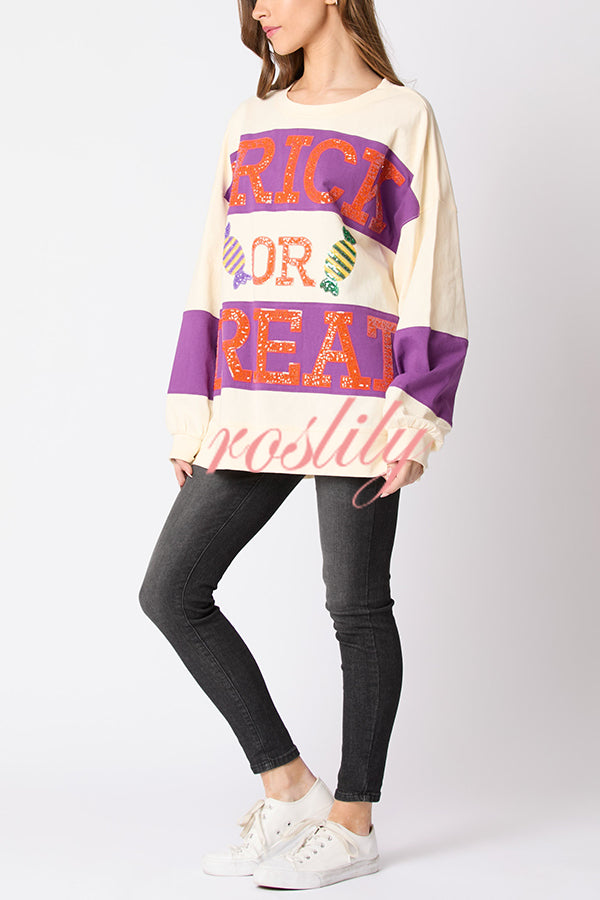 Halloween Letter Sequined Color Block Loose Casual Sweatshirt