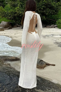 Bahamas Knit Long Bell Sleeve Sexy Backless Holiday Cover-up Maxi Dress