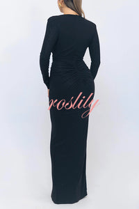 Solid Color Shiny Sexy V-neck Long Sleeve Ribbon Slit Slim Fit Maxi Dress