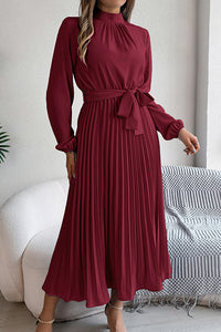 Elegant Stand-collar Long-sleeve Waisted Tie-up Pleated Midi Dress