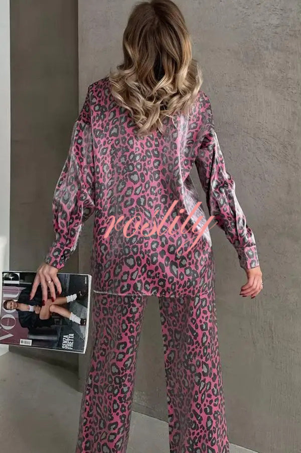 Leopard Print Long-sleeved Casual Top and Loose Elastic Waist Tie Pants Set