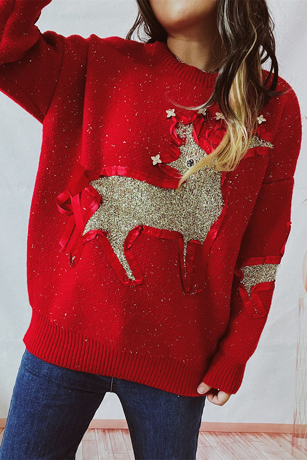 Christmas Pattern Knitted Crew Neck Long Sleeved Sweate