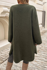 Solid Color Casual Cardigan Buttoned Pocket Mid-length Coat