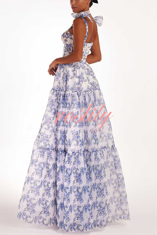 Fairytale Itself Organza Floral Print Tie Strap Maxi Dress