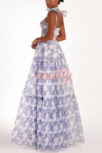 Fairytale Itself Organza Floral Print Tie Strap Maxi Dress