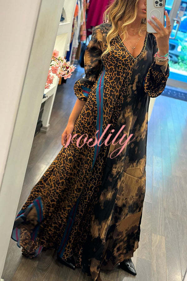 Touch of Fall Tie-dye Leopard Colorblock A-line Swing Maxi Dress