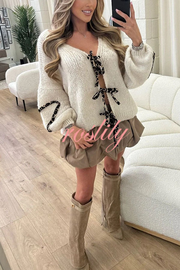 Fashionable Loose Long-sleeved Leopard Print Lace-up Knitted Sweater Cardigan