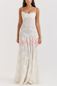 Romantic Vintage Feel Jacquard Fabric Back Lace-up Slip Floaty Maxi Dress