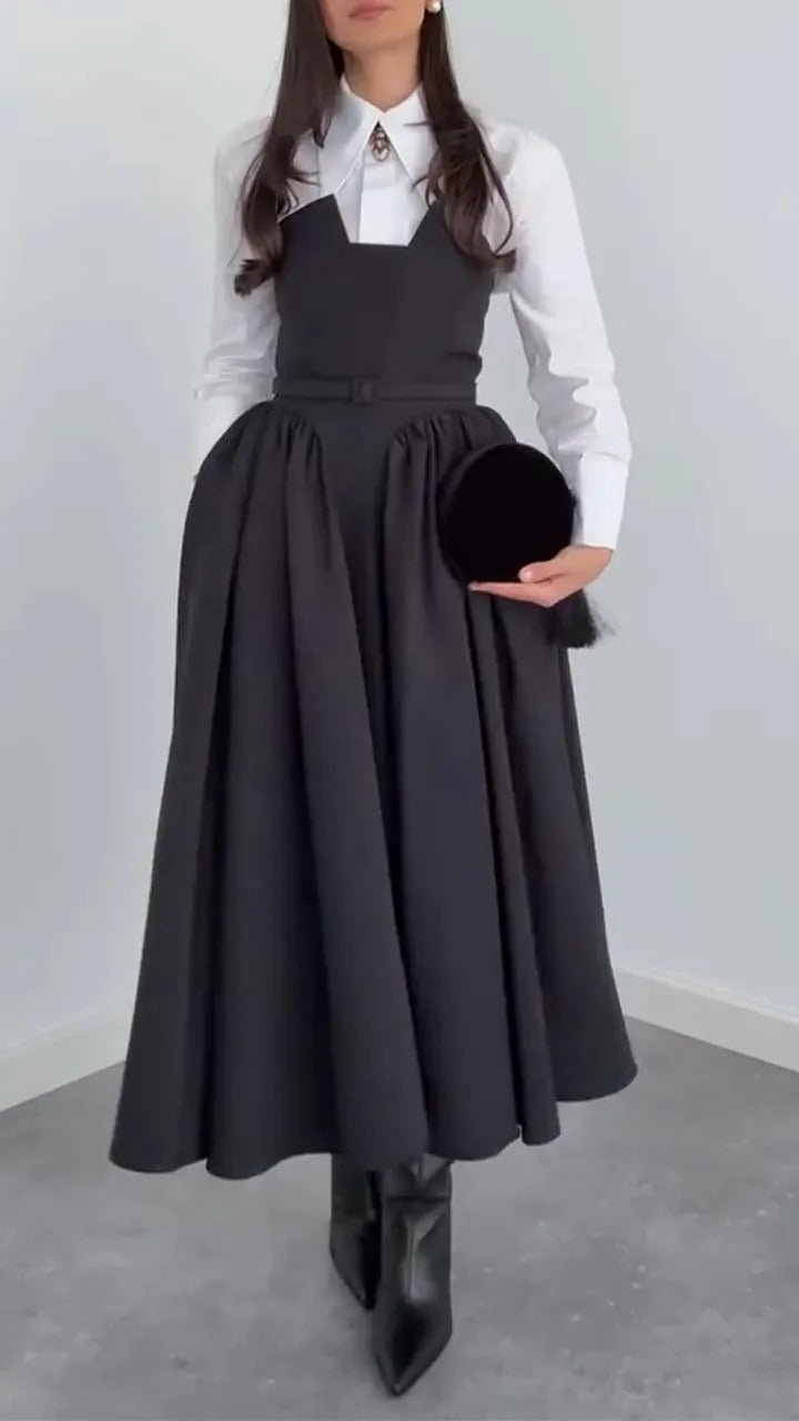 Lapel Collar Shirt And Strapless Patchwork Dress Set