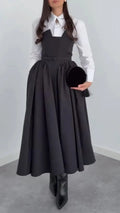 Lapel Collar Shirt And Strapless Patchwork Dress Set