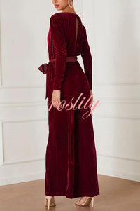 Love One Another Velvet Bow Belted Pocket Cutout Back Loose Jumpsuit