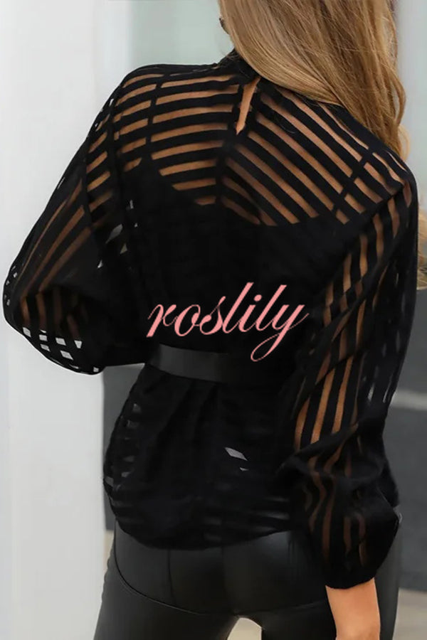 Sexy Hollow See-through Striped Stand-collar Shirt