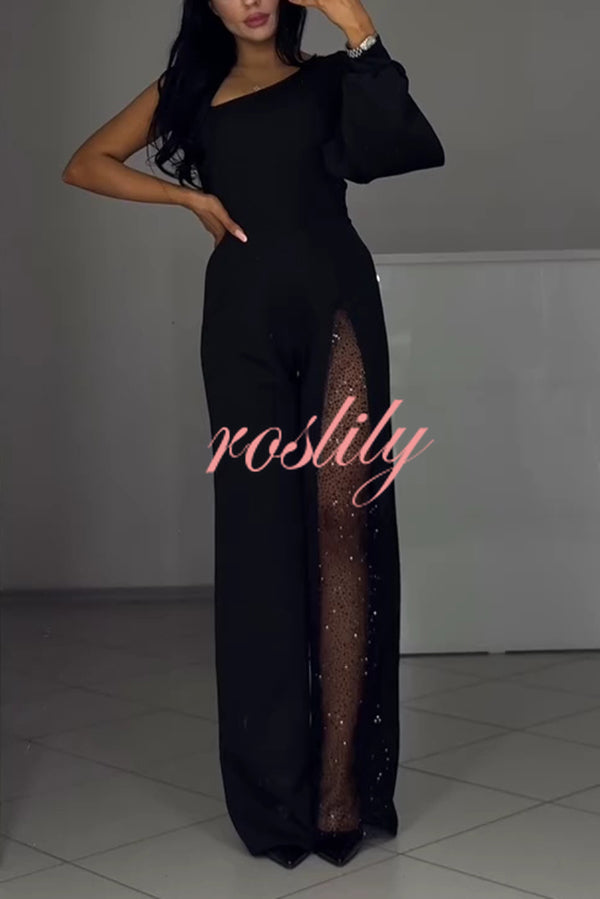 Fashionable Oblique Shoulder One-sleeve Sexy High Slit Slim Jumpsuit