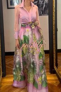 Seeds of Happiness Tulle Floral Print Elastic Waist Belt Pocketed Maxi Skirt