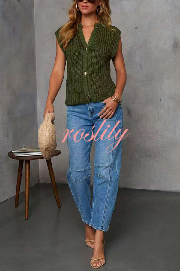 Solid Color Sleeveless Button Pocket Knit Vest