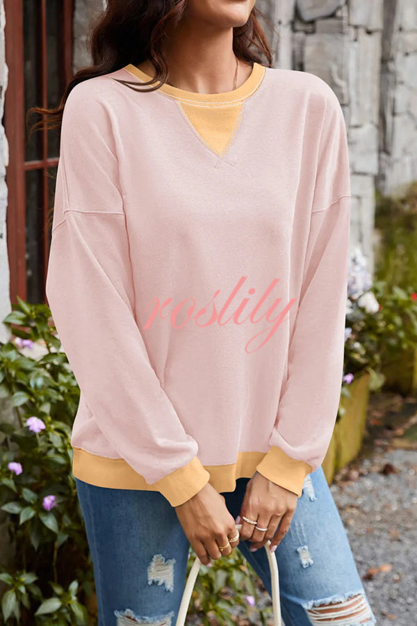 Fashionable Contrasting Color Loose Long-sleeved Casual Sweatshirt