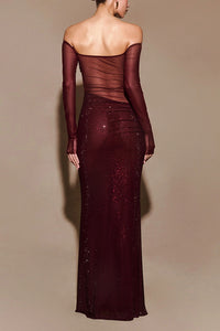 Forever Shimmering Sequin Mesh Patchwork Long Sleeve Strapless Stretch Maxi Dress