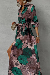 Floral Print Lapel Waisted Lace-up Long-sleeve Maxi Dress