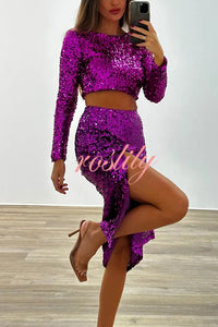 Solid Sequined Long-sleeved Crop Top and Sexy Slit Midi Skirt Set