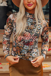 Floral Print Turtleneck Long Sleeve Stretch Bottoming Shirt