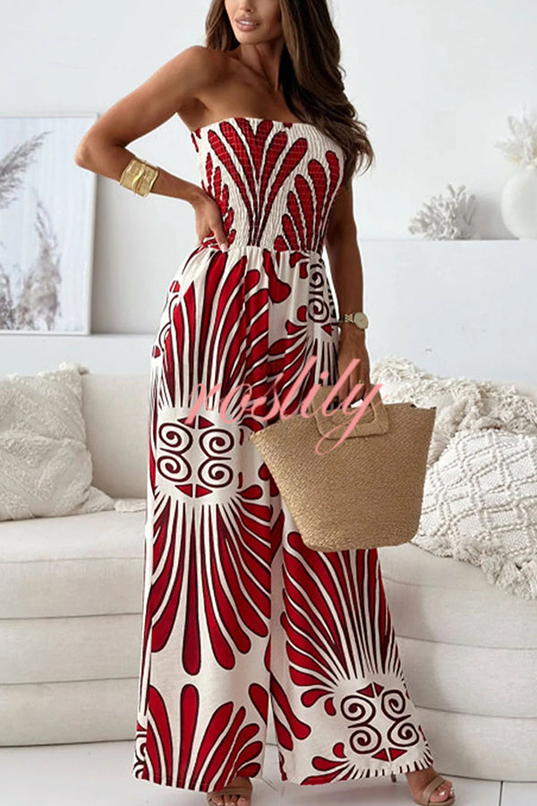 Unique Printed Off-shoulder Pleated Casual Wide-leg Jumpsuit