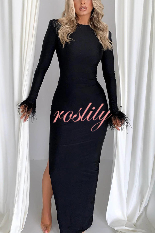 Solid Color Round Neck Ostrich Feather Long Sleeve Slim Maxi Dress