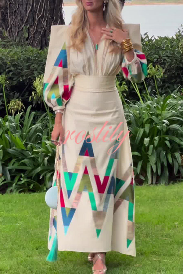 Highest Elegance Colorful Triangle Print Padded Shoulder Blouse and High Rise Maxi Skirt Set