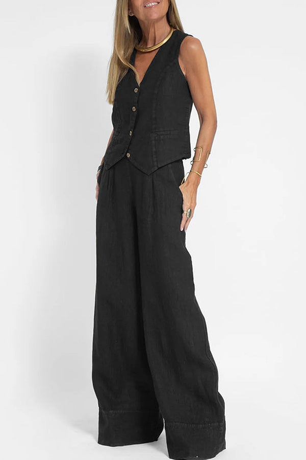 Eddie Linen Blend Button Vest and Elastic Waist Pocketed Wide Leg Pants Set