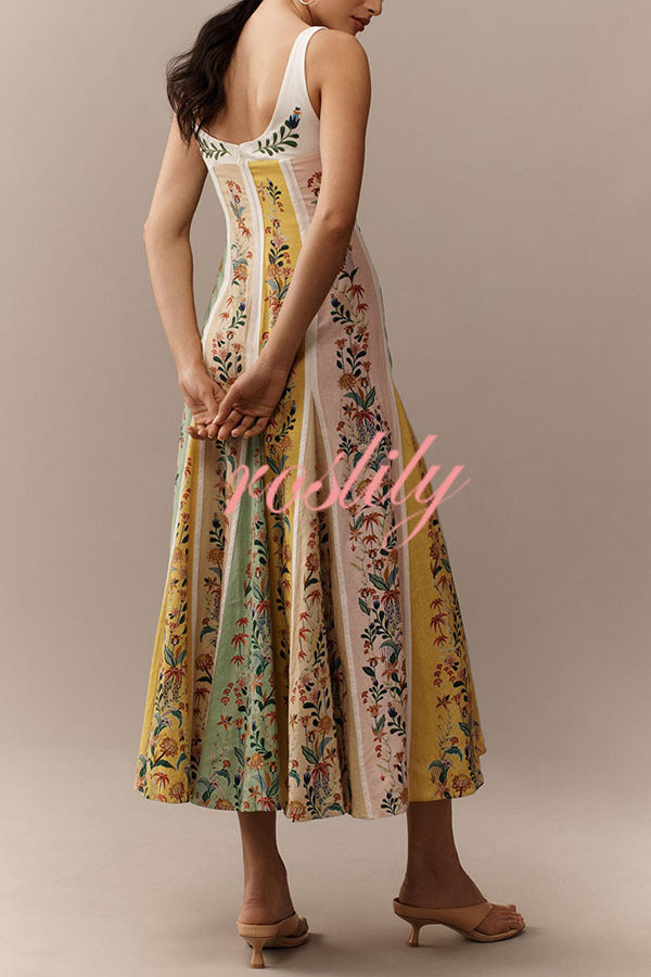 Sweet Garden Linen Blend Color Block Floral Paneled Maxi Dress