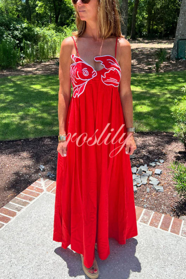 Red Fish Embroidered Sling Backless Maxi Dress