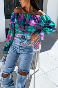 Colorful Botanical Print Sexy Off-shoulder Ruffle Top