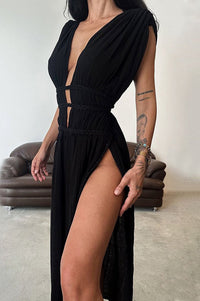 Boho with Elegance Linen Blend Braids Belt Cutout Slit Kaftan Maxi Dress