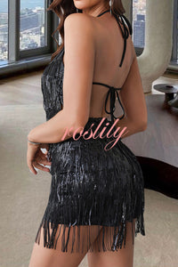 Shiny Sexy Halterneck Backless Lace-up Fringed Sequin Rompers