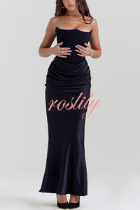 Persephone Crepe and Satin Patchwork Off Shoulder Ruched Maxi Dress