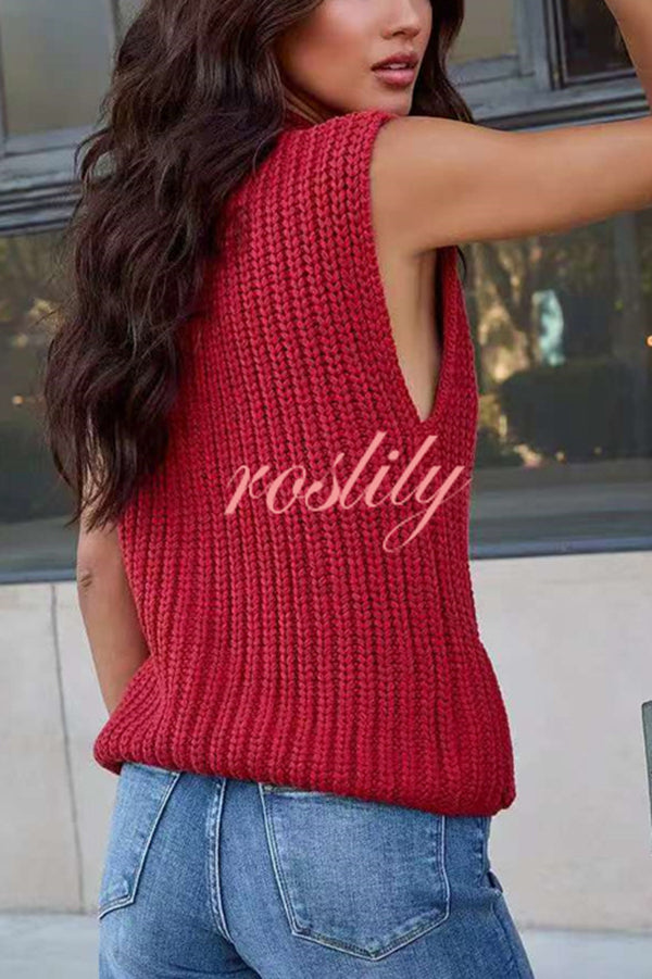 Solid Color Sleeveless Button Pocket Knit Vest