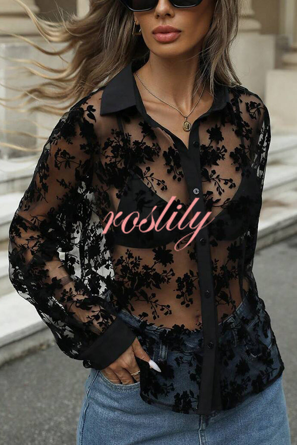 Fashion See-through Plant Lace Long Sleeve Loose Shirt