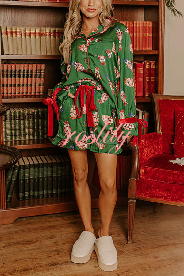 Christmas Dreaming Satin Nutcrackers Print Velvet Trim Elastic Waist Pocketed Pajama Shorts Set